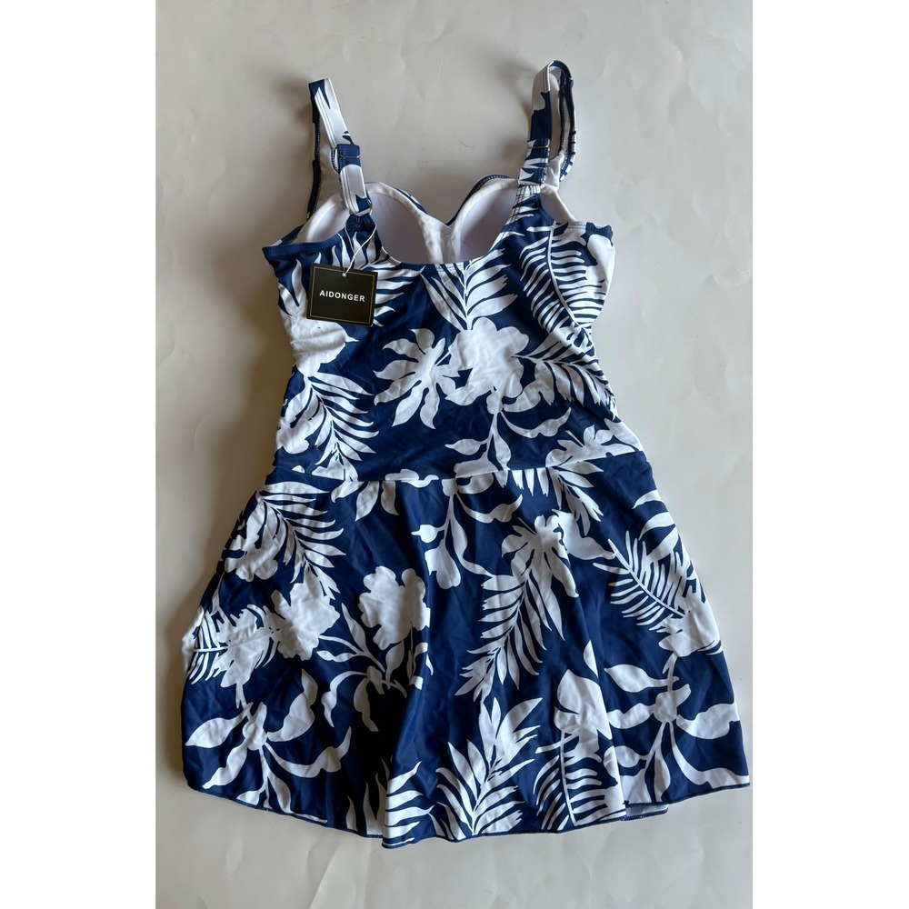 Aidonger Womens Navy Blue Floral Swim Dress One Piece Swimsuit Medium NWT - Picture 2 of 10